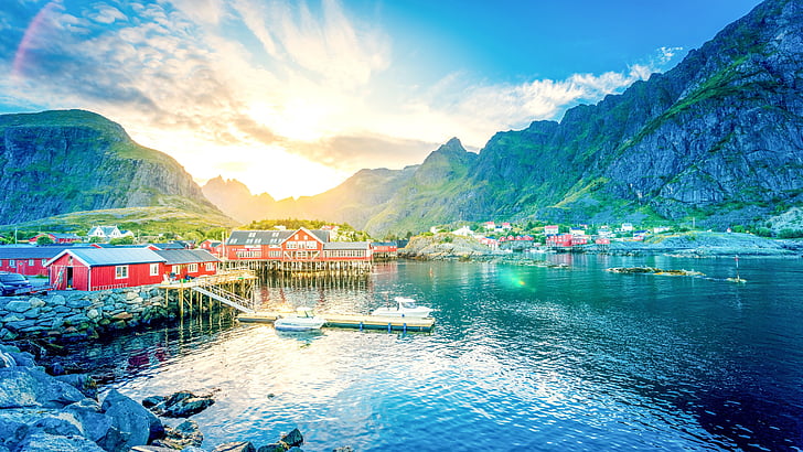 nature, sky, lofoten, norway, fishing village, fjord, europe, HD wallpaper