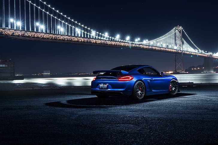 Porsche, Cayman, Car, Blue, Bridge, Night, Sport, GT4, Rear, HD wallpaper