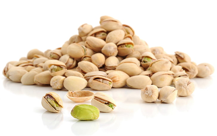 pistachio nuts, white background, a lot, delicious, pistachios, HD wallpaper