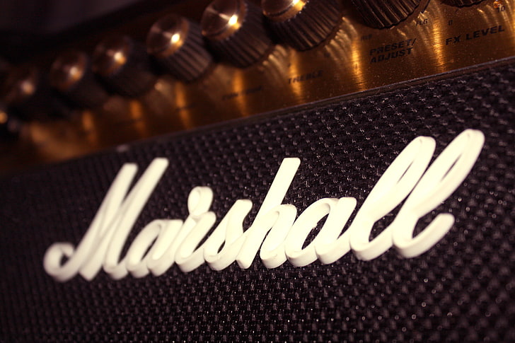 black Marshall product label, guitar, amp, close-up, technology