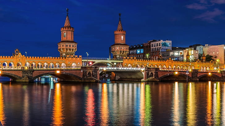 Berlin, Germany, city, river, bridge, houses, lights, night