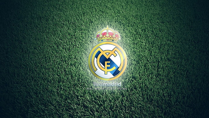 Real Madrid logo, soccer, soccer pitches, sport , grass, green color