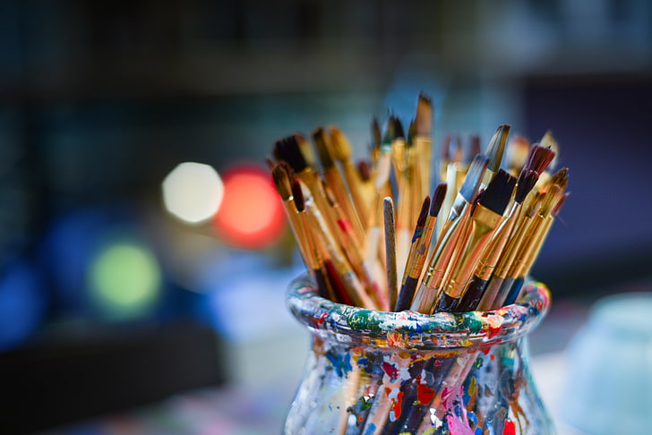painting brushes, artistic, bank, stains, colorful, focus on foreground, HD wallpaper