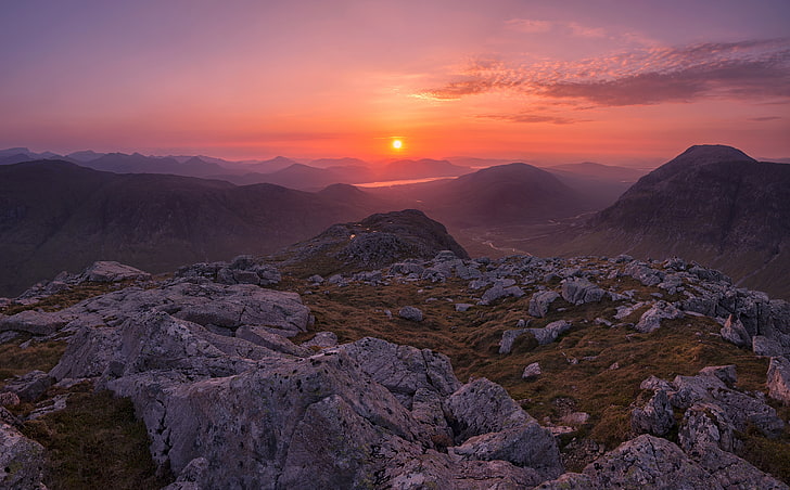 Scotland Highland Sunset, Nature, Mountains, Sunrise, View, Travel, HD wallpaper
