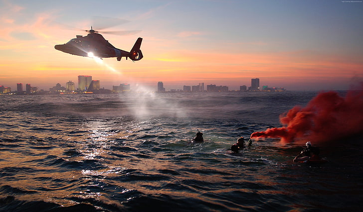 training, rescue helicopter, night, coast guard, sea, MEDEVAC, HD wallpaper