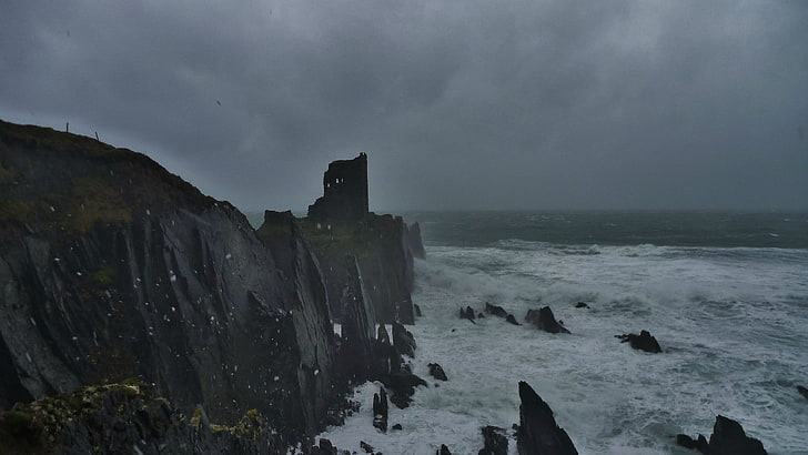 black rock formation, castle, Ireland, sea, abandoned, sky, nature