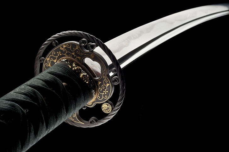 sword, blades, katana, Japan, black background, indoors, metal