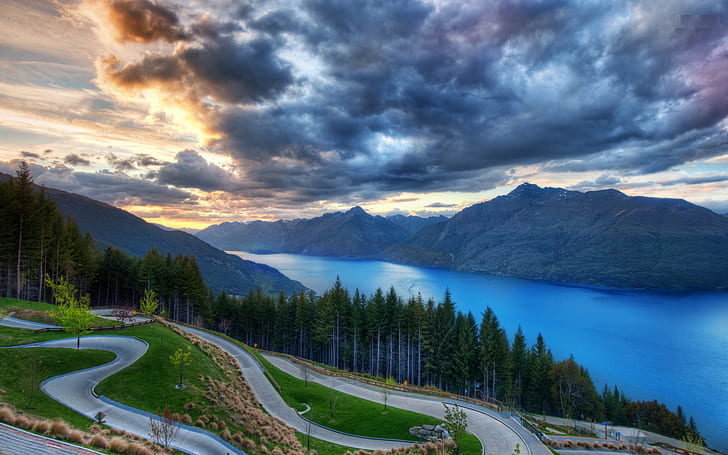 Nature Landscape Mountain Pine Forest Lake Wakatipu Bendy Road, Queenstown, New Zealand