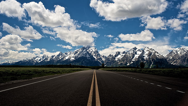 black asphalt road, nature, HDR, landscape, sky, mountains, clouds, HD wallpaper
