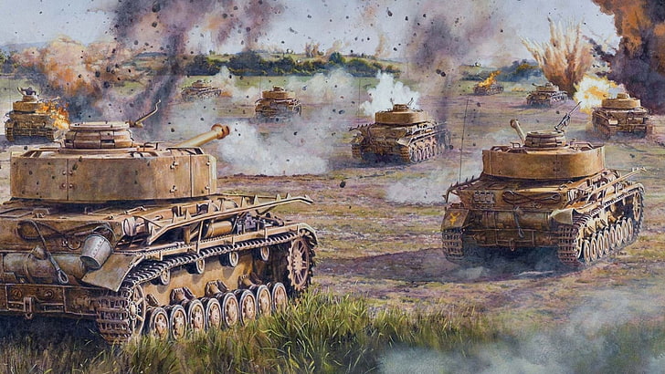 six brown tanks painting, field, war, figure, art, A IV, offensive