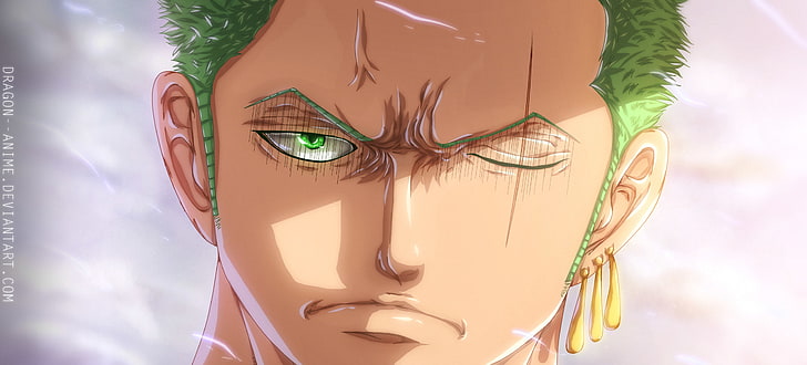 One Piece, Roronoa Zoro, green eyes, green hair, scars, nature