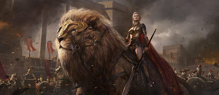 Fantasy, Women Warrior, Animal, Girl, Lion, Spear, Woman Warrior