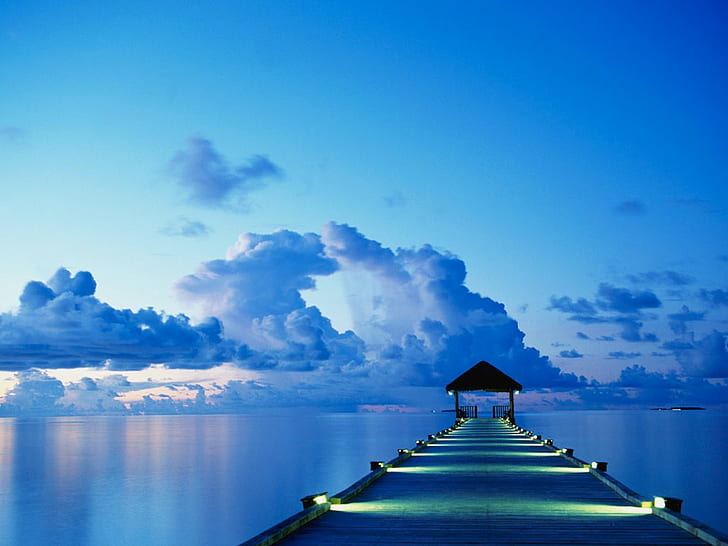 sea, pier, calm, cyan, evening, clouds, blue, horizon, HD wallpaper
