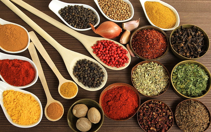 assorted spices with bowls, dried, nuts, crockery, seasoning