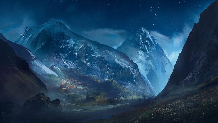 HD wallpaper: mountains, valley, night, stars, landscape, village |  Wallpaper Flare