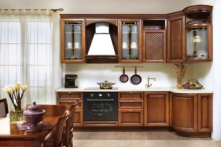 brown wooden kitchen island, furniture, interior design, indoors, HD wallpaper