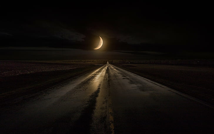 nature landscape rain highway road moon iowa midnight sky dark moonlight, HD wallpaper