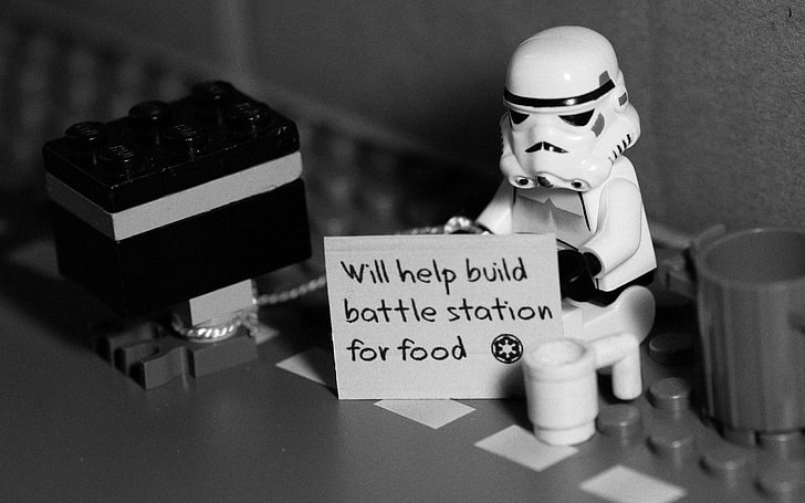 grayscale photo of Star Wars Stromtrooper toy, attack, Lego, unemployed