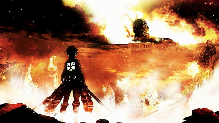 HD wallpaper: anime, Colossal Titan, Eren Jeager, fire, Shingeki No Kyojin