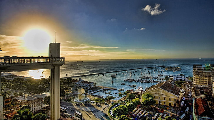 aerial photography of city beside body of water, Brazil, sunset