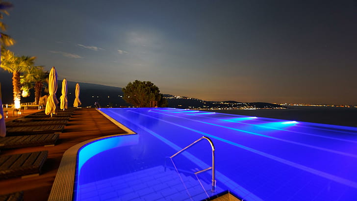 Night, swimming pool, beach, landscape, HD wallpaper