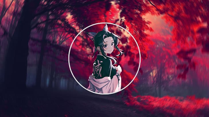 Shinobu, Kimetsu no Yaiba, red, white, forest, trees, landscape, HD wallpaper