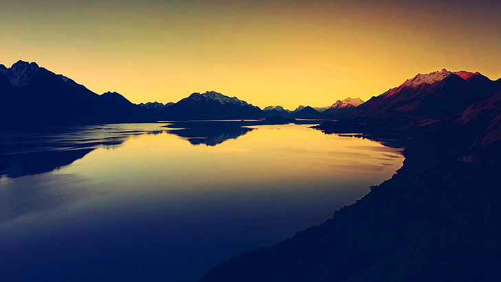 body of water, landscape, lake, nature, sunset, mountains, sky, HD wallpaper