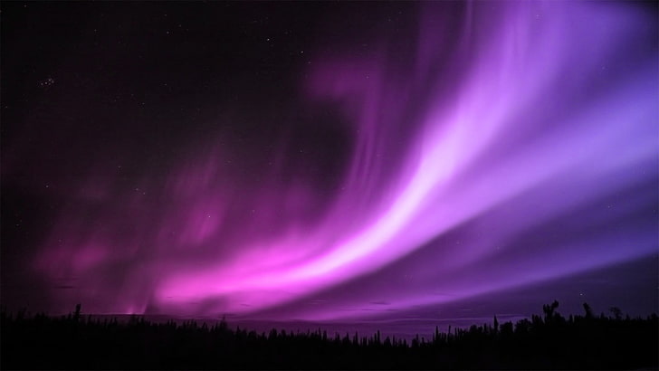 aurora borealis, night, stars, aurorae, sky, landscape, purple, HD wallpaper