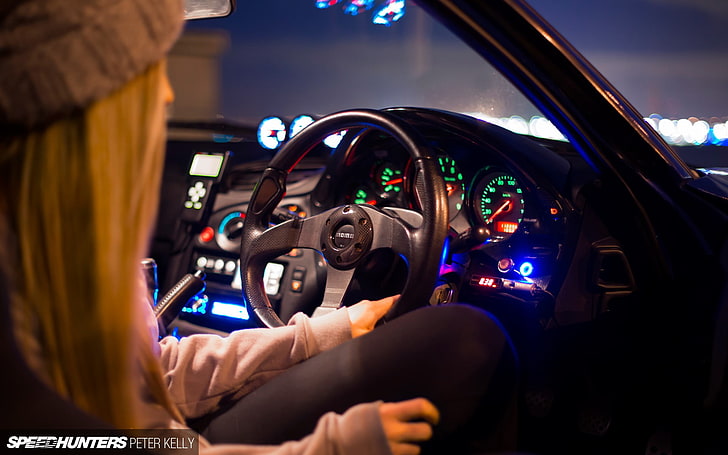black car steering wheel, Speedhunters, Mazda RX-7, tuning, car interior, HD wallpaper
