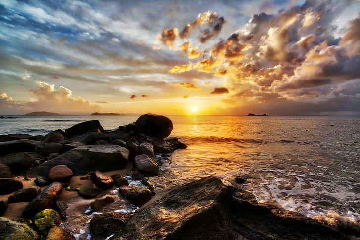 landscape photo of a ocean shoreline during golden houre, Instagram, HD wallpaper