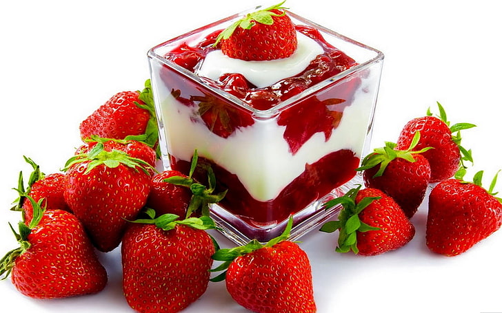 strawberry yogurt, cream, dessert, layers, fruit, food, freshness, HD wallpaper