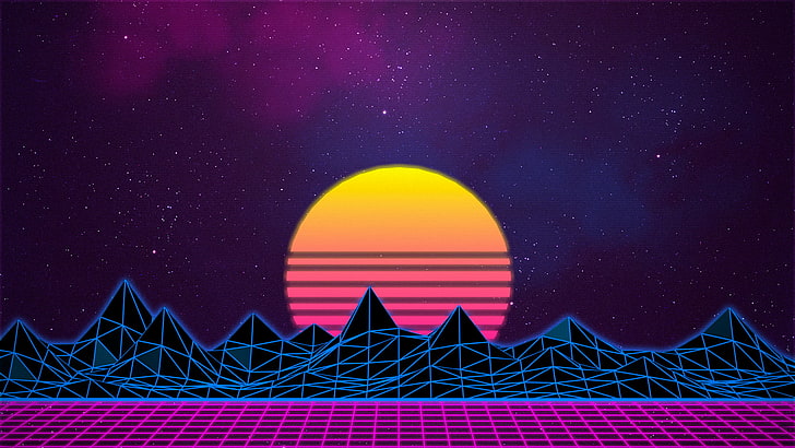 black and yellow mountains illustration, New Retro Wave, neon