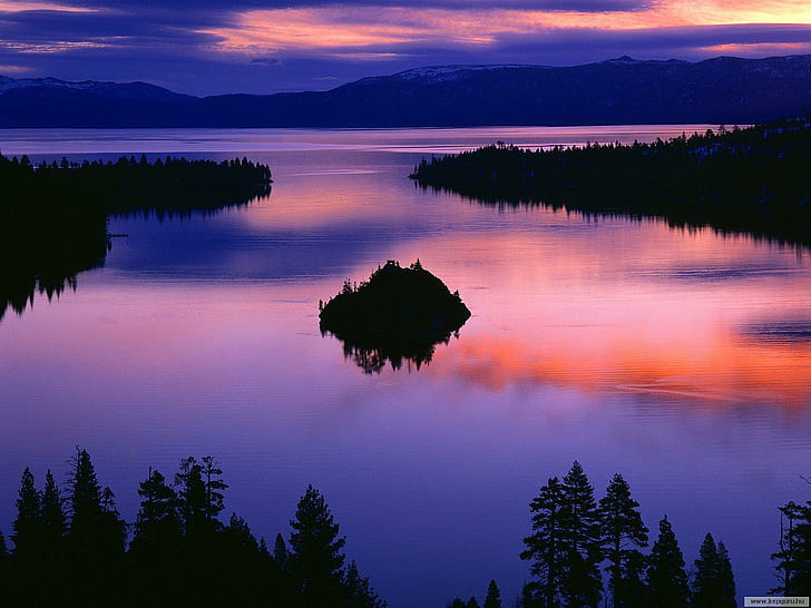 Sunrise Landscapes Nature Horizon Twilight California Lake Tahoe Photo Background, silhouette of trees on body of water