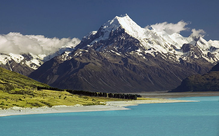 Mount Cook, New Zealand, aquamarine, blue, clouds, dslr, green, HD wallpaper