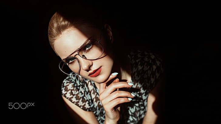 women, blonde, glasses, portrait, white nails, Damian Piórko