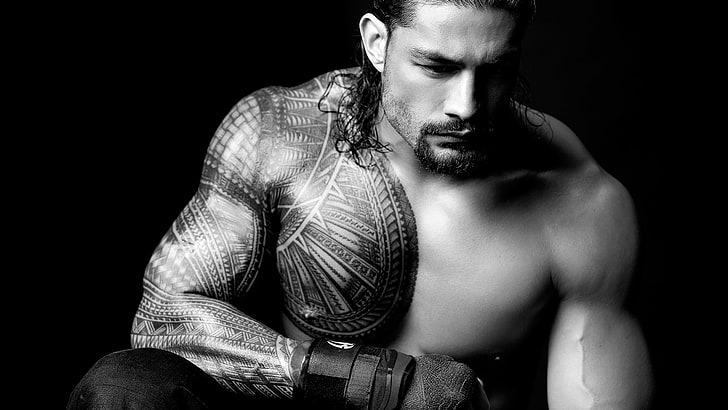 HD wallpaper: men, model, monochrome, face, muscles, tattoo, WWE, Roman  Reigns | Wallpaper Flare