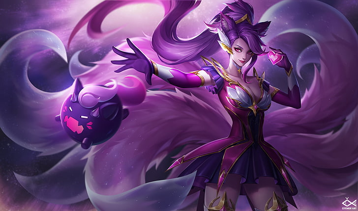 purple haired girl animated illustration, League of Legends, Ahri (League of Legends)