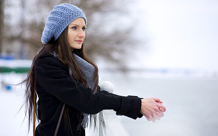 Winter beautiful girl, blue hat, HD wallpaper