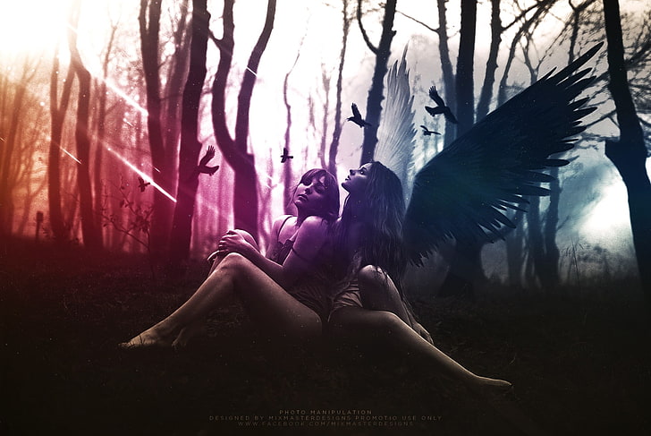 two angels wallpaper, photo manipulation, graphic design, wings, HD wallpaper