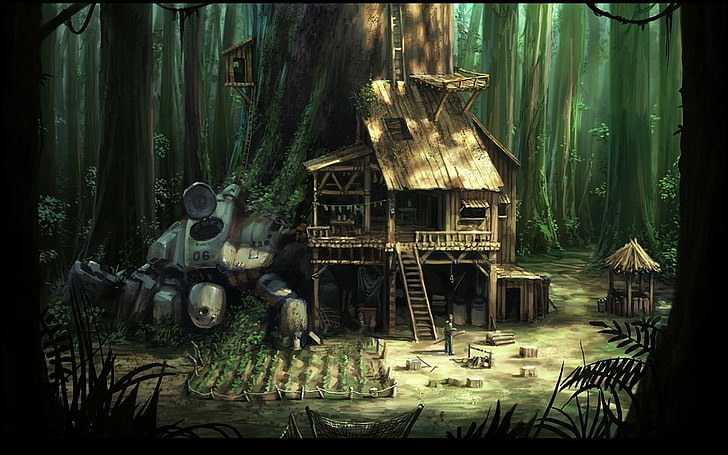 brown and grey wooden house illustration, forest, science fiction