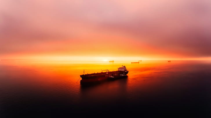 photography, oil tanker, sunset, sea