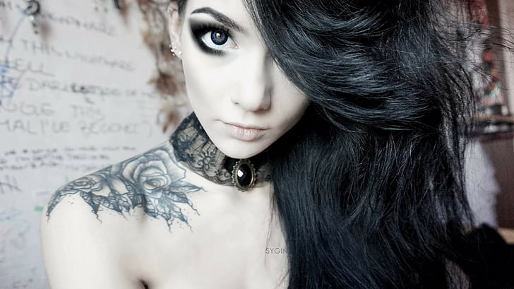 model, emo, tattoo, Sygin, dark hair, HD wallpaper