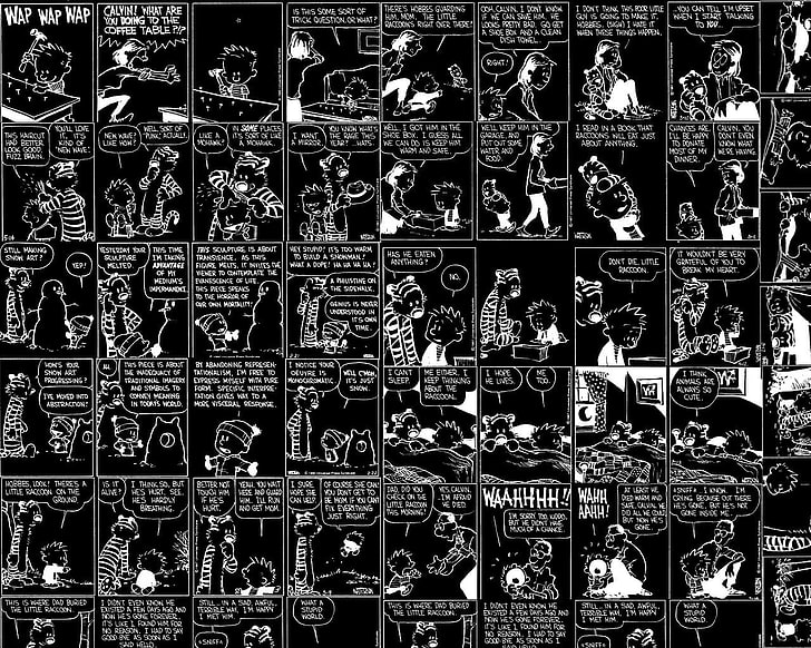black and white printed textile, comic books, Calvin and Hobbes