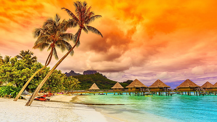 vacation, palm, overwater, overwater bungalow, orange sky, tree, HD wallpaper