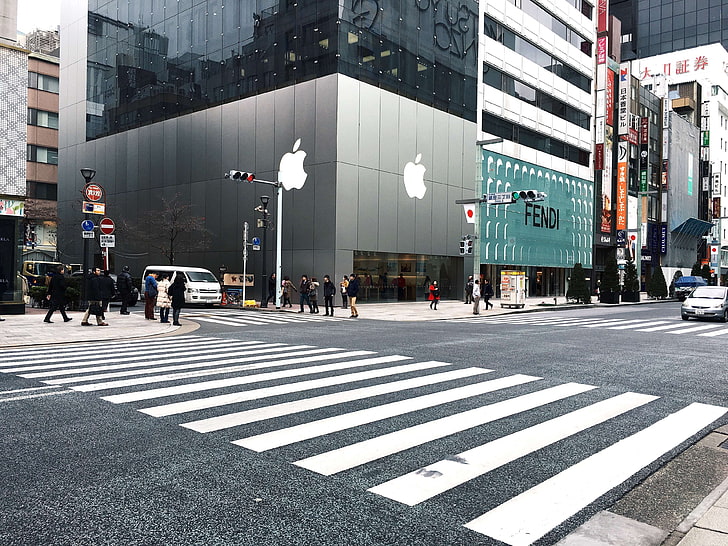 apple, apple store, ginza, city, crosswalk, crossing, road marking, HD wallpaper