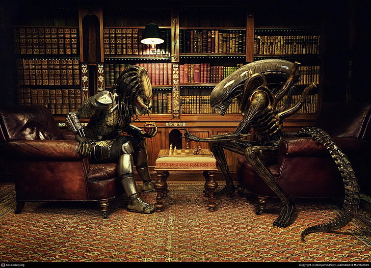 Alien and Predator cosplayers, Alien vs. Predator, chess, digital art