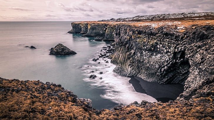 a view of cliff under cloudy sky, hellnar, iceland, hellnar, iceland, HD wallpaper
