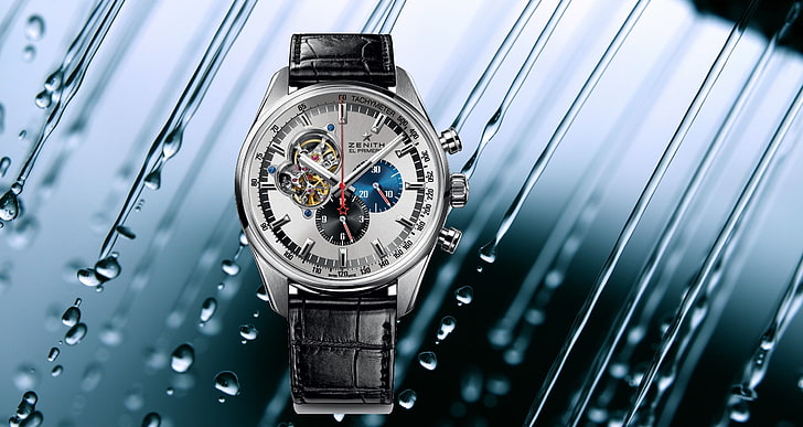 round silver and blue chronograph watch with black leather strap, HD wallpaper