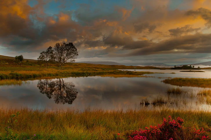 photography of body of water during sunset, Loch Ba, Scotland, HD wallpaper