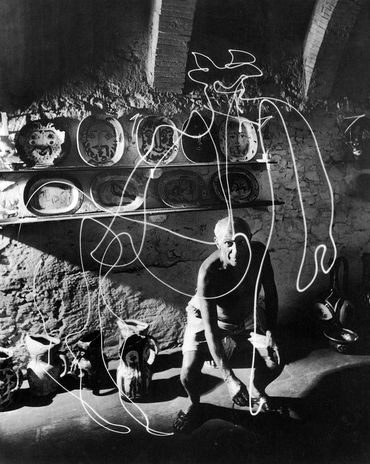 men, painters, lights, Pablo Picasso, indoors, monochrome, artwork